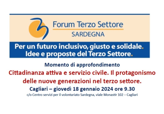 Cittadinanza attiva e servizio civile. Il protagonismo delle nuove generazioni nel terzo settore. Giovedì 18 gennaio 2024 ore 9.30 CSV Cagliari